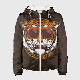 Женская куртка 3D с принтом Крутой тигр в очках с цепью в Новосибирске, ткань верха — 100% полиэстер, подклад — флис | прямой крой, подол и капюшон оформлены резинкой с фиксаторами, два кармана без застежек по бокам, один большой потайной карман на груди. Карман на груди застегивается на липучку | furry | tiger | восточный тигр | год тигра | голова | кошка | тигр | тигренок | фурри | хищник