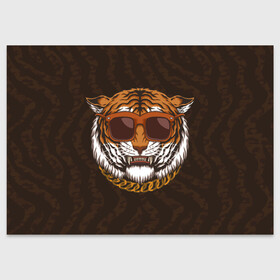 Поздравительная открытка с принтом Крутой тигр в очках с цепью в Новосибирске, 100% бумага | плотность бумаги 280 г/м2, матовая, на обратной стороне линовка и место для марки
 | furry | tiger | восточный тигр | год тигра | голова | кошка | тигр | тигренок | фурри | хищник