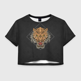 Женская футболка Crop-top 3D с принтом Голова тигра в ромбе в Новосибирске, 100% полиэстер | круглая горловина, длина футболки до линии талии, рукава с отворотами | furry | low poly | tiger | восточный тигр | год тигра | голова | кошка | лоу поли | тигр | тигренок | фурри | хищник