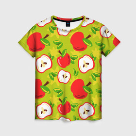 Женская футболка 3D с принтом Яблочки паттерн в Новосибирске, 100% полиэфир ( синтетическое хлопкоподобное полотно) | прямой крой, круглый вырез горловины, длина до линии бедер | apple | яблоки | яблоко | яблоня | яблочки
