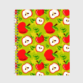 Тетрадь с принтом Яблочки паттерн в Новосибирске, 100% бумага | 48 листов, плотность листов — 60 г/м2, плотность картонной обложки — 250 г/м2. Листы скреплены сбоку удобной пружинной спиралью. Уголки страниц и обложки скругленные. Цвет линий — светло-серый
 | apple | яблоки | яблоко | яблоня | яблочки