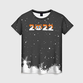 Женская футболка 3D с принтом Новый год 2022 - надпись 2022 в Новосибирске, 100% полиэфир ( синтетическое хлопкоподобное полотно) | прямой крой, круглый вырез горловины, длина до линии бедер | 2022 | год тигра | новый год | новый год 2022 | символ года | тигр | тигренок | тигрица | тигры