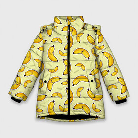 Зимняя куртка для девочек 3D с принтом Банановый Бум в Новосибирске, ткань верха — 100% полиэстер; подклад — 100% полиэстер, утеплитель — 100% полиэстер. | длина ниже бедра, удлиненная спинка, воротник стойка и отстегивающийся капюшон. Есть боковые карманы с листочкой на кнопках, утяжки по низу изделия и внутренний карман на молнии. 

Предусмотрены светоотражающий принт на спинке, радужный светоотражающий элемент на пуллере молнии и на резинке для утяжки. | Тематика изображения на принте: банан | банановый | бананы | паттерн | прикол | фрукты