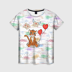 Женская футболка 3D с принтом Милый влюбленный тигренок 2022 в Новосибирске, 100% полиэфир ( синтетическое хлопкоподобное полотно) | прямой крой, круглый вырез горловины, длина до линии бедер | 2022 | год тигра | новый год | новый год 2022 | символ года | тигр | тигренок | тигрица | тигры