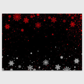 Поздравительная открытка с принтом КРАСНО БЕЛЫЕ СНЕЖИНКИ НА ЧЁРНОМ ФОНЕ в Новосибирске, 100% бумага | плотность бумаги 280 г/м2, матовая, на обратной стороне линовка и место для марки
 | 2022 | beast | merry christmas | new year | red bow | santa hat | snow | tiger | winter | winter is coming | year of the tiger | год тигра | дед мороз | животные | звери | зверь | зима | зима 2022 | зима близко | новог | новогодни