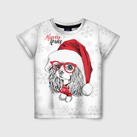 Детская футболка 3D с принтом Happy Christmas кокер спаниель в Новосибирске, 100% гипоаллергенный полиэфир | прямой крой, круглый вырез горловины, длина до линии бедер, чуть спущенное плечо, ткань немного тянется | american | cap | christmas | cocker spaniel | happy christmas | knitted scarf | new year | purebred dog | red | santa claus | snowflakes | американский | вязаный шарф | кокер спаниель | колпак | красные | новый год | очки | породистая собака | р
