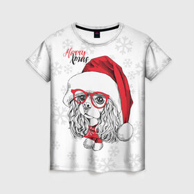 Женская футболка 3D с принтом Happy Christmas кокер спаниель в Новосибирске, 100% полиэфир ( синтетическое хлопкоподобное полотно) | прямой крой, круглый вырез горловины, длина до линии бедер | american | cap | christmas | cocker spaniel | happy christmas | knitted scarf | new year | purebred dog | red | santa claus | snowflakes | американский | вязаный шарф | кокер спаниель | колпак | красные | новый год | очки | породистая собака | р