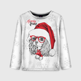 Детский лонгслив 3D с принтом Happy Christmas кокер спаниель в Новосибирске, 100% полиэстер | длинные рукава, круглый вырез горловины, полуприлегающий силуэт
 | american | cap | christmas | cocker spaniel | happy christmas | knitted scarf | new year | purebred dog | red | santa claus | snowflakes | американский | вязаный шарф | кокер спаниель | колпак | красные | новый год | очки | породистая собака | р