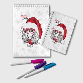 Блокнот с принтом Happy Christmas кокер спаниель в Новосибирске, 100% бумага | 48 листов, плотность листов — 60 г/м2, плотность картонной обложки — 250 г/м2. Листы скреплены удобной пружинной спиралью. Цвет линий — светло-серый
 | Тематика изображения на принте: american | cap | christmas | cocker spaniel | happy christmas | knitted scarf | new year | purebred dog | red | santa claus | snowflakes | американский | вязаный шарф | кокер спаниель | колпак | красные | новый год | очки | породистая собака | р