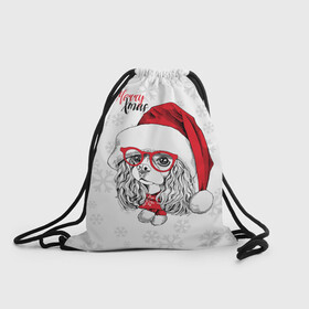 Рюкзак-мешок 3D с принтом Happy Christmas кокер спаниель в Новосибирске, 100% полиэстер | плотность ткани — 200 г/м2, размер — 35 х 45 см; лямки — толстые шнурки, застежка на шнуровке, без карманов и подкладки | american | cap | christmas | cocker spaniel | happy christmas | knitted scarf | new year | purebred dog | red | santa claus | snowflakes | американский | вязаный шарф | кокер спаниель | колпак | красные | новый год | очки | породистая собака | р