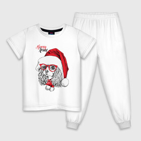 Детская пижама хлопок с принтом Happy Christmas американский кокер спаниель в Новосибирске, 100% хлопок |  брюки и футболка прямого кроя, без карманов, на брюках мягкая резинка на поясе и по низу штанин
 | Тематика изображения на принте: american | cap | christmas | cocker spaniel | happy christmas | knitted scarf | new year | purebred dog | red | santa claus | snowflakes | американский | вязаный шарф | кокер спаниель | колпак | красные | новый год | очки | породистая собака | р