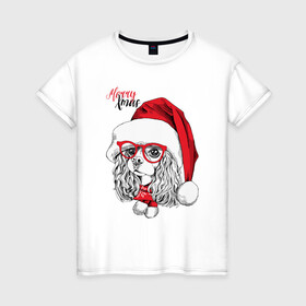 Женская футболка хлопок с принтом Happy Christmas американский кокер спаниель в Новосибирске, 100% хлопок | прямой крой, круглый вырез горловины, длина до линии бедер, слегка спущенное плечо | american | cap | christmas | cocker spaniel | happy christmas | knitted scarf | new year | purebred dog | red | santa claus | snowflakes | американский | вязаный шарф | кокер спаниель | колпак | красные | новый год | очки | породистая собака | р