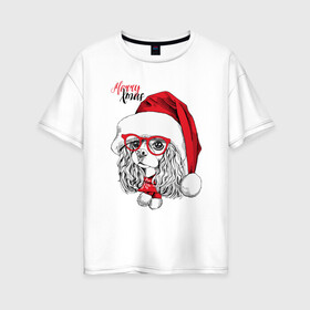 Женская футболка хлопок Oversize с принтом Happy Christmas американский кокер спаниель в Новосибирске, 100% хлопок | свободный крой, круглый ворот, спущенный рукав, длина до линии бедер
 | american | cap | christmas | cocker spaniel | happy christmas | knitted scarf | new year | purebred dog | red | santa claus | snowflakes | американский | вязаный шарф | кокер спаниель | колпак | красные | новый год | очки | породистая собака | р