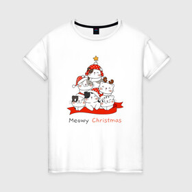 Женская футболка хлопок с принтом Елочка из котят в Новосибирске, 100% хлопок | прямой крой, круглый вырез горловины, длина до линии бедер, слегка спущенное плечо | cat | kitty | meow | дед мороз | елка | звезда | зима | киса | кискис | кот | котенок | кошка | мяу | новый год | рождество | снег | снежинка