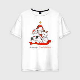 Женская футболка хлопок Oversize с принтом Елочка из котят в Новосибирске, 100% хлопок | свободный крой, круглый ворот, спущенный рукав, длина до линии бедер
 | cat | kitty | meow | дед мороз | елка | звезда | зима | киса | кискис | кот | котенок | кошка | мяу | новый год | рождество | снег | снежинка