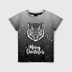 Детская футболка 3D с принтом Merry Christmas Год Тигра 2022. в Новосибирске, 100% гипоаллергенный полиэфир | прямой крой, круглый вырез горловины, длина до линии бедер, чуть спущенное плечо, ткань немного тянется | 2022 | happy new year | merry christmas | год тигра | зима близко | нг | новогодний | новогодний тигр | новогодняя символика | новый год | новый год 2022 | рождество | символ 2022 года | снег | снежинки | тигр