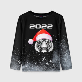 Детский лонгслив 3D с принтом Новогодний тигр 2022. в Новосибирске, 100% полиэстер | длинные рукава, круглый вырез горловины, полуприлегающий силуэт
 | 2022 | happy new year | merry christmas | год тигра | зима близко | нг | новогодний | новогодний тигр | новогодняя символика | новый год | новый год 2022 | рождество | символ 2022 года | снег | снежинки | тигр