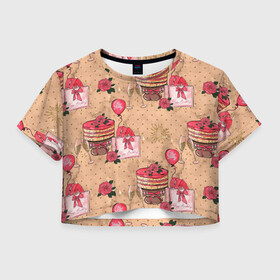 Женская футболка Crop-top 3D с принтом Праздничное настроение - сюрприз в Новосибирске, 100% полиэстер | круглая горловина, длина футболки до линии талии, рукава с отворотами | день рождения | коробки | новый год | подарки | праздник | сюрприз | шампанское