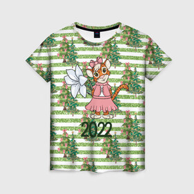 Женская футболка 3D с принтом Милая тигрица с цветком в Новосибирске, 100% полиэфир ( синтетическое хлопкоподобное полотно) | прямой крой, круглый вырез горловины, длина до линии бедер | 2022 | год тигра | новый год | новый год 2022 | символ года | тигр | тигренок | тигрица | тигры