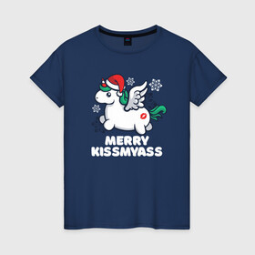 Женская футболка хлопок с принтом Merry Kissmyass | Unicorn в Новосибирске, 100% хлопок | прямой крой, круглый вырез горловины, длина до линии бедер, слегка спущенное плечо | 2022 | 2022 год | happy new year | santa | год тигра | дед мороз | каникулы | мороз | новогодний свитер | новый год | новый год 2022 | новый год тигра | оливье | праздник | рождество | санта клаус | свитер новогодний