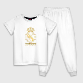 Детская пижама хлопок с принтом Real Madrid gold logo в Новосибирске, 100% хлопок |  брюки и футболка прямого кроя, без карманов, на брюках мягкая резинка на поясе и по низу штанин
 | gold logo | madrid | rael madrid | real | spain | золотая эмблема | золотой логотип | испания | королевский клуб | ла лига | лига чемпионов | мадрид | реал | реал мадрид | сливочные | футбол | чемпионат испании