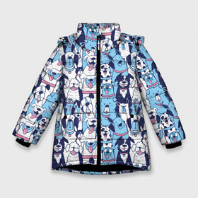 Зимняя куртка для девочек 3D с принтом Забавные Пёсели паттерн Funny Dogs pattern в Новосибирске, ткань верха — 100% полиэстер; подклад — 100% полиэстер, утеплитель — 100% полиэстер. | длина ниже бедра, удлиненная спинка, воротник стойка и отстегивающийся капюшон. Есть боковые карманы с листочкой на кнопках, утяжки по низу изделия и внутренний карман на молнии. 

Предусмотрены светоотражающий принт на спинке, радужный светоотражающий элемент на пуллере молнии и на резинке для утяжки. | Тематика изображения на принте: dog | бульдог | далматинец | йорк | мопс | песик | порода | смешной | собака