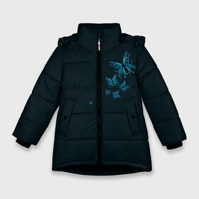 Зимняя куртка для девочек 3D с принтом Стая неоновых бабочек в Новосибирске, ткань верха — 100% полиэстер; подклад — 100% полиэстер, утеплитель — 100% полиэстер. | длина ниже бедра, удлиненная спинка, воротник стойка и отстегивающийся капюшон. Есть боковые карманы с листочкой на кнопках, утяжки по низу изделия и внутренний карман на молнии. 

Предусмотрены светоотражающий принт на спинке, радужный светоотражающий элемент на пуллере молнии и на резинке для утяжки. | бабочки | красота | насекомые | натуралист | необычные принты | неон | ночное | природа | светящиеся