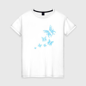 Женская футболка хлопок с принтом Неоновые бабочки Cotton Theme в Новосибирске, 100% хлопок | прямой крой, круглый вырез горловины, длина до линии бедер, слегка спущенное плечо | бабочки | крылья | легкость | насековые | неон | ночные | полет | природа | светящиеся