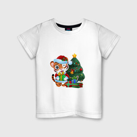 Детская футболка хлопок с принтом Тигрины подарки в Новосибирске, 100% хлопок | круглый вырез горловины, полуприлегающий силуэт, длина до линии бедер | Тематика изображения на принте: new year | арт | графика | елка | зима | новый год | рождество | тигр