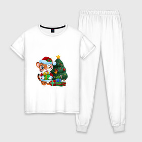 Женская пижама хлопок с принтом Тигрины подарки в Новосибирске, 100% хлопок | брюки и футболка прямого кроя, без карманов, на брюках мягкая резинка на поясе и по низу штанин | new year | арт | графика | елка | зима | новый год | рождество | тигр