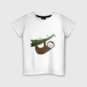 Детская футболка хлопок с принтом Ленивец на ветке в Новосибирске, 100% хлопок | круглый вырез горловины, полуприлегающий силуэт, длина до линии бедер | джунгли | животное | животные | звери | зверь | ленивец | тропики | экзотика