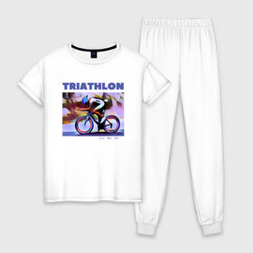 Женская пижама хлопок с принтом Триспорт в Новосибирске, 100% хлопок | брюки и футболка прямого кроя, без карманов, на брюках мягкая резинка на поясе и по низу штанин | bike | run | swim | triathlon | triatlon | бег | велогонщик | велоспорт | выносливость | картина | краска | плавание | триатлон