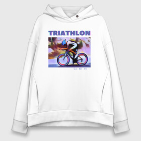 Женское худи Oversize хлопок с принтом Триспорт в Новосибирске, френч-терри — 70% хлопок, 30% полиэстер. Мягкий теплый начес внутри —100% хлопок | боковые карманы, эластичные манжеты и нижняя кромка, капюшон на магнитной кнопке | bike | run | swim | triathlon | triatlon | бег | велогонщик | велоспорт | выносливость | картина | краска | плавание | триатлон