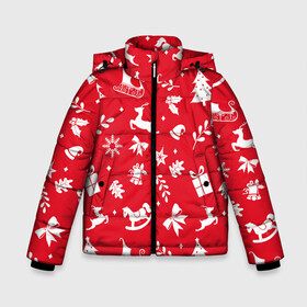 Зимняя куртка для мальчиков 3D с принтом Паттерн новогодней атрибутики в Новосибирске, ткань верха — 100% полиэстер; подклад — 100% полиэстер, утеплитель — 100% полиэстер | длина ниже бедра, удлиненная спинка, воротник стойка и отстегивающийся капюшон. Есть боковые карманы с листочкой на кнопках, утяжки по низу изделия и внутренний карман на молнии. 

Предусмотрены светоотражающий принт на спинке, радужный светоотражающий элемент на пуллере молнии и на резинке для утяжки | 2022 | newyear | новыйгод | праздник | праздники