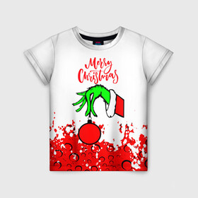 Детская футболка 3D с принтом Merry Christmas Grinch в Новосибирске, 100% гипоаллергенный полиэфир | прямой крой, круглый вырез горловины, длина до линии бедер, чуть спущенное плечо, ткань немного тянется | 2022 | grinch | happy new year | merry christmas | год тигра | гринч | зима близко | нг | новогодний | новый год | новый год 2022 | рождество | снег | снежинки