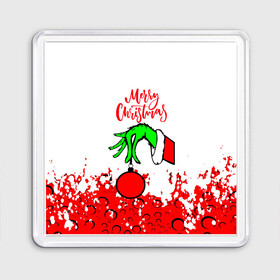 Магнит 55*55 с принтом Merry Christmas Grinch в Новосибирске, Пластик | Размер: 65*65 мм; Размер печати: 55*55 мм | 2022 | grinch | happy new year | merry christmas | год тигра | гринч | зима близко | нг | новогодний | новый год | новый год 2022 | рождество | снег | снежинки