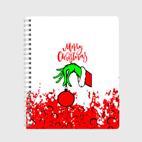 Тетрадь с принтом Merry Christmas Grinch в Новосибирске, 100% бумага | 48 листов, плотность листов — 60 г/м2, плотность картонной обложки — 250 г/м2. Листы скреплены сбоку удобной пружинной спиралью. Уголки страниц и обложки скругленные. Цвет линий — светло-серый
 | 2022 | grinch | happy new year | merry christmas | год тигра | гринч | зима близко | нг | новогодний | новый год | новый год 2022 | рождество | снег | снежинки