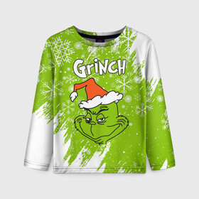 Детский лонгслив 3D с принтом Grinch Green. в Новосибирске, 100% полиэстер | длинные рукава, круглый вырез горловины, полуприлегающий силуэт
 | 2022 | grinch | happy new year | merry christmas | год тигра | гринч | зима близко | нг | новогодний | новый год | новый год 2022 | рождество | снег | снежинки