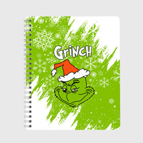 Тетрадь с принтом Grinch Green. в Новосибирске, 100% бумага | 48 листов, плотность листов — 60 г/м2, плотность картонной обложки — 250 г/м2. Листы скреплены сбоку удобной пружинной спиралью. Уголки страниц и обложки скругленные. Цвет линий — светло-серый
 | 2022 | grinch | happy new year | merry christmas | год тигра | гринч | зима близко | нг | новогодний | новый год | новый год 2022 | рождество | снег | снежинки