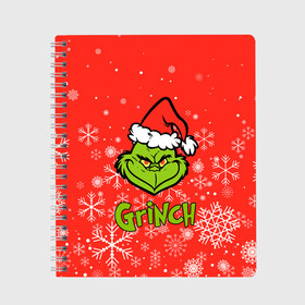 Тетрадь с принтом Grinch Red. в Новосибирске, 100% бумага | 48 листов, плотность листов — 60 г/м2, плотность картонной обложки — 250 г/м2. Листы скреплены сбоку удобной пружинной спиралью. Уголки страниц и обложки скругленные. Цвет линий — светло-серый
 | 2022 | grinch | happy new year | merry christmas | год тигра | гринч | зима близко | нг | новогодний | новый год | новый год 2022 | рождество | снег | снежинки