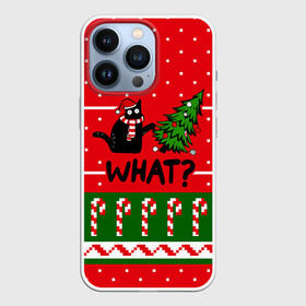 Чехол для iPhone 13 Pro с принтом WHAT | КОТИК | CAT в Новосибирске,  |  | 2020 | 2021 | 2022 | christmas | merry | what | елка | кот | леденец | нг | новогодний | новый год | паттерн | рождество | свитер | снежинки | узор | узоры | шишки