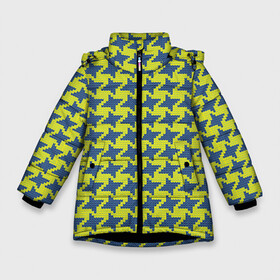 Зимняя куртка для девочек 3D с принтом Сине-желтые гусиные лапки в Новосибирске, ткань верха — 100% полиэстер; подклад — 100% полиэстер, утеплитель — 100% полиэстер. | длина ниже бедра, удлиненная спинка, воротник стойка и отстегивающийся капюшон. Есть боковые карманы с листочкой на кнопках, утяжки по низу изделия и внутренний карман на молнии. 

Предусмотрены светоотражающий принт на спинке, радужный светоотражающий элемент на пуллере молнии и на резинке для утяжки. | вязанка | гусиные лапки | желтый | мода | паттерн | синий | узор