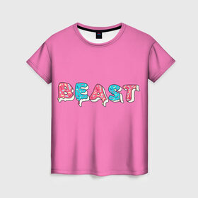 Женская футболка 3D с принтом Mr Beast Donut (Pink edition) в Новосибирске, 100% полиэфир ( синтетическое хлопкоподобное полотно) | прямой крой, круглый вырез горловины, длина до линии бедер | arts | mr beast | mrbeast | youtube | арты | блогеры | мистер бист | прикольные надписи | ютуб | ютуберы