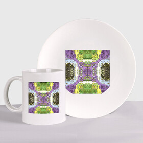 Набор: тарелка + кружка с принтом Коллекция Фрактальная мозаика. Фиолетово-зеленый. Квадрат. в Новосибирске, керамика | Кружка: объем — 330 мл, диаметр — 80 мм. Принт наносится на бока кружки, можно сделать два разных изображения. 
Тарелка: диаметр - 210 мм, диаметр для нанесения принта - 120 мм. | abstraction | fractal | green | mosaic | pattern | purple | yellow | абстракция | желтый | зеленый | мозайка | на витрину | узор | фиолетовый | фрактал