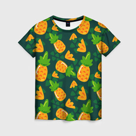Женская футболка 3D с принтом Ананасы Много ананасов в Новосибирске, 100% полиэфир ( синтетическое хлопкоподобное полотно) | прямой крой, круглый вырез горловины, длина до линии бедер | ананас | ананасовый | ананасы | сладость | фрукт