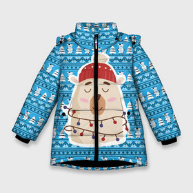 Зимняя куртка для девочек 3D с принтом Медведь в гирляндах Новый год в Новосибирске, ткань верха — 100% полиэстер; подклад — 100% полиэстер, утеплитель — 100% полиэстер. | длина ниже бедра, удлиненная спинка, воротник стойка и отстегивающийся капюшон. Есть боковые карманы с листочкой на кнопках, утяжки по низу изделия и внутренний карман на молнии. 

Предусмотрены светоотражающий принт на спинке, радужный светоотражающий элемент на пуллере молнии и на резинке для утяжки. | 2022 | год тигра | новый год | новый год 2022 | символ года | тигр | тигренок | тигрица | тигры