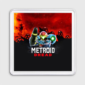 Магнит 55*55 с принтом Space Fight | Metroid Dread в Новосибирске, Пластик | Размер: 65*65 мм; Размер печати: 55*55 мм | game | logo | mercurysteam | metroid | metroid dread | metroid fusion | samus aran | игра | компьютерная игра | лого | логотип | метроид | метроид дреад | мэтроид | мэтройдо дореддо | самус аран | эмблема