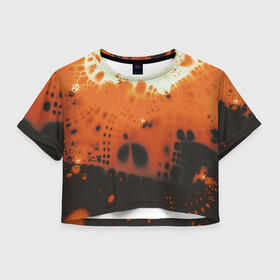 Женская футболка Crop-top 3D с принтом Коллекция Journey Оранжевый взрыв 126-3 2 в Новосибирске, 100% полиэстер | круглая горловина, длина футболки до линии талии, рукава с отворотами | abstraction | black | bright | fractal | orange | абстракция | на витрину | оранжевый | фрактал | черный | яркий