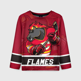 Детский лонгслив 3D с принтом Калгари Флэймз Calgary Flames в Новосибирске, 100% полиэстер | длинные рукава, круглый вырез горловины, полуприлегающий силуэт
 | calgary | calgary flames | flames | hockey | nhl | usa | калгари | калгари флэймз | нхл | спорт | сша | флэймз | хоккей | шайба