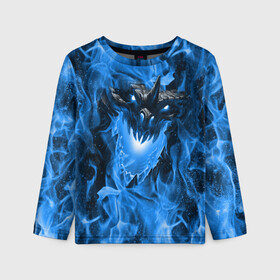 Детский лонгслив 3D с принтом Дракон в синем пламени Dragon in blue flame в Новосибирске, 100% полиэстер | длинные рукава, круглый вырез горловины, полуприлегающий силуэт
 | Тематика изображения на принте: dragon | дракон | миф | монстр | огонь | пламя | фэнтези
